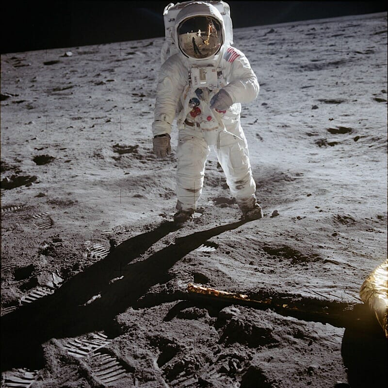 Armstrong and LM reflected in Aldrin helmet NASA