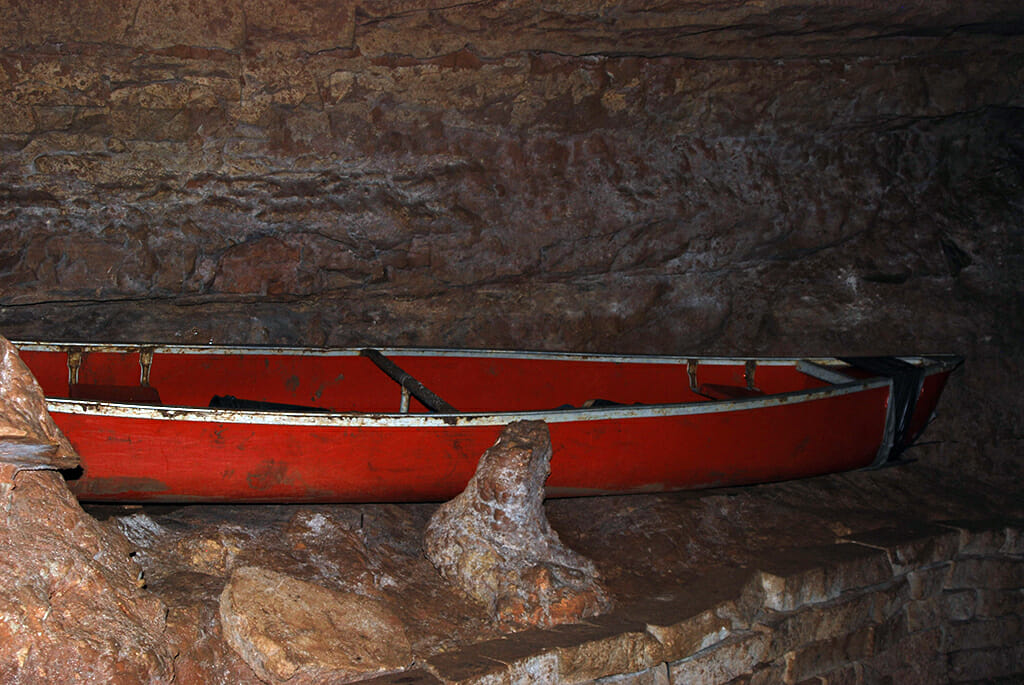 Old tour boat inside Bluespring Caverns