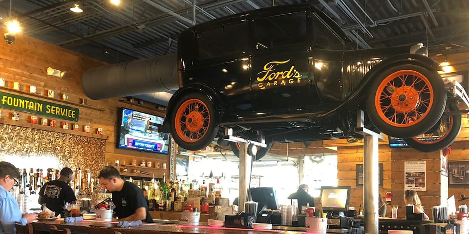 Model T above the bar at Ford's Garage